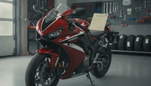 Moto japonaise sportive dans un garage avec formulaire de quitus fiscal posé sur la selle