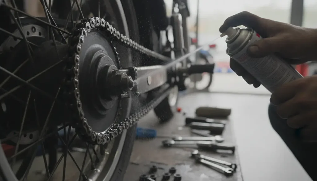 Graissage d'une chaîne de moto à l'atelier