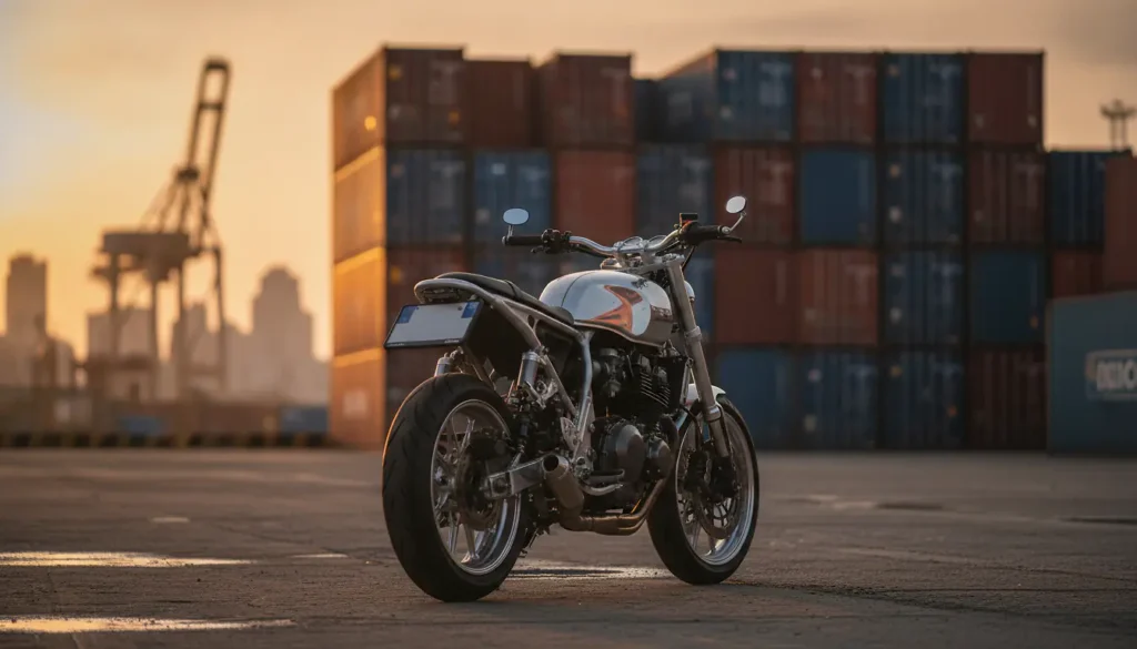 Moto d'importation garée sur un quai portuaire, container de transport maritime en arrière-plan