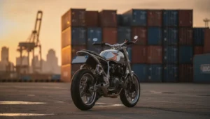 Moto d'importation garée sur un quai portuaire, container de transport maritime en arrière-plan