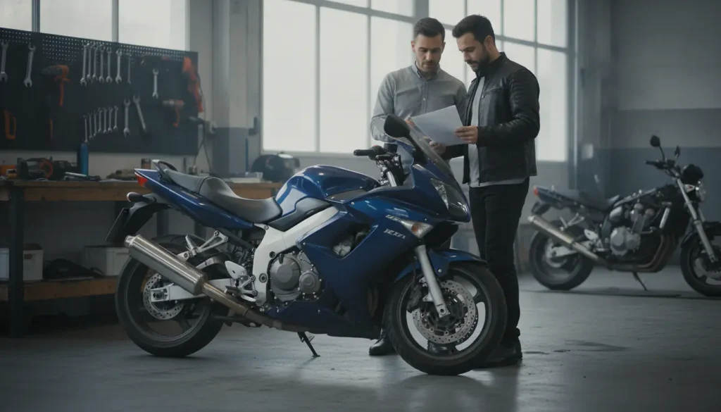 Vendeur et acheteur examinant un contrat de garantie devant une moto d'occasion importée en garage