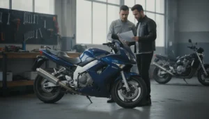 Vendeur et acheteur examinant un contrat de garantie devant une moto d'occasion importée en garage