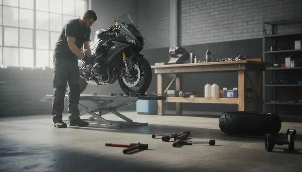 Mécanicien changeant un pneu de moto sur un pont d'atelier, outils de démonte-pneu et pneu neuf au premier plan