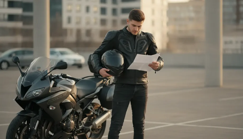 Jeune motard casque en main à côté de sa moto avec un contrat d'assurance