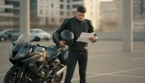 Jeune motard casque en main à côté de sa moto avec un contrat d'assurance