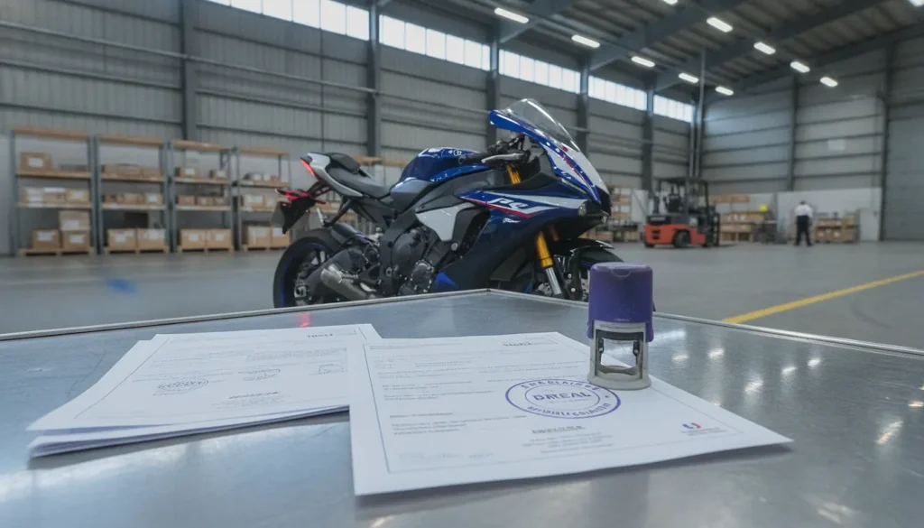 Moto sportive importée en cours d'homologation RTI en France, documents officiels sur un bureau